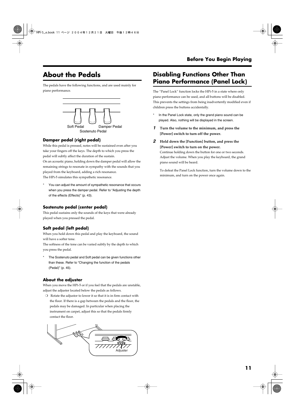 About the pedals, 11 before you begin playing | Roland HPi-5 User Manual | Page 11 / 68