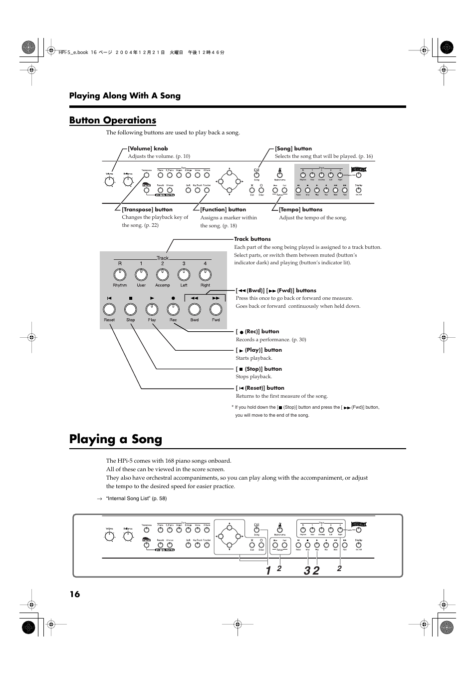 Button operations, Playing a song, Disk. (p. 16, p. 40) | Adjust the tempo. (p. 16, p. 28) | Roland HPi-5 User Manual | Page 16 / 68