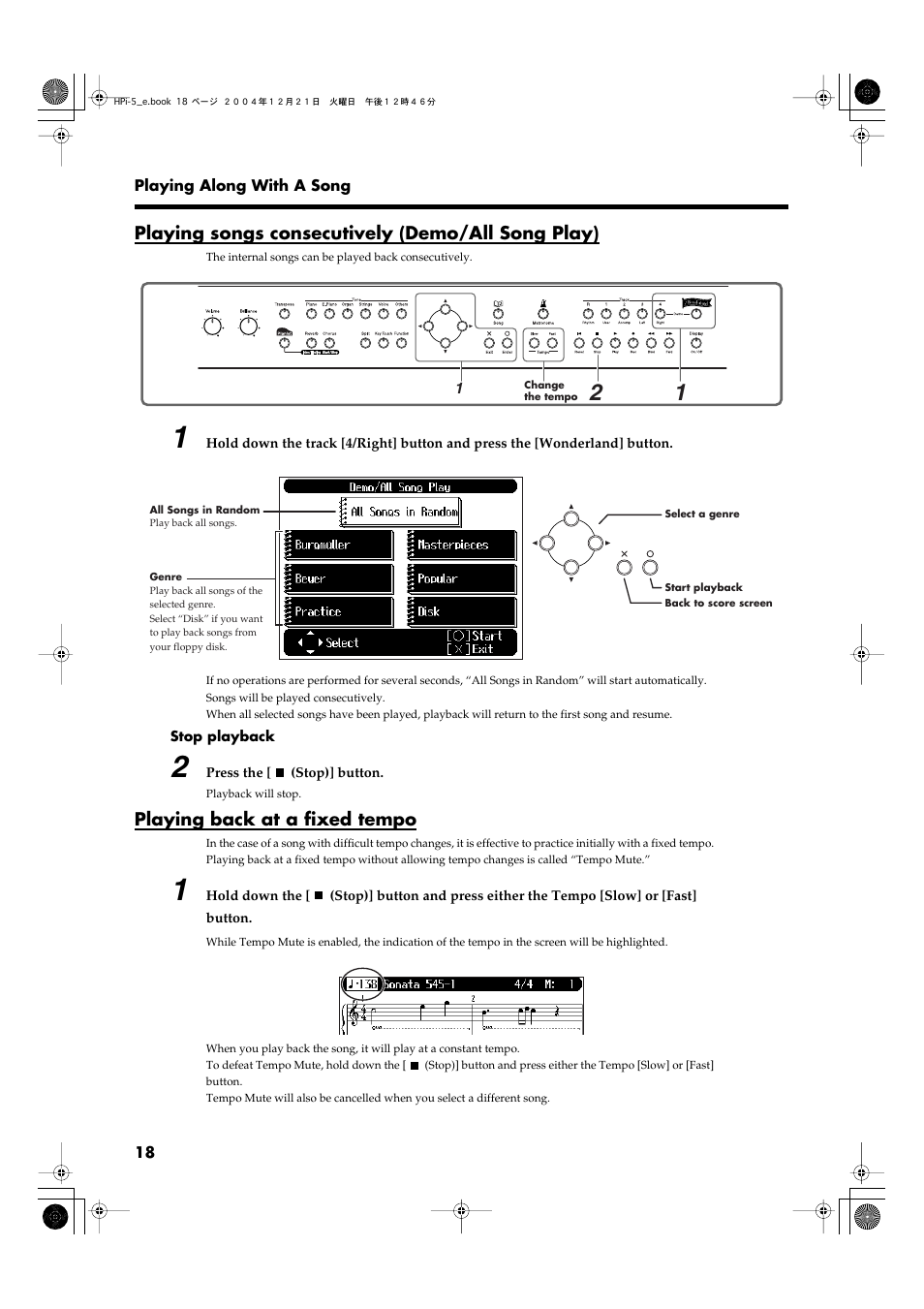 Playing songs consecutively (demo/all song play), Playing back at a fixed tempo | Roland HPi-5 User Manual | Page 18 / 68