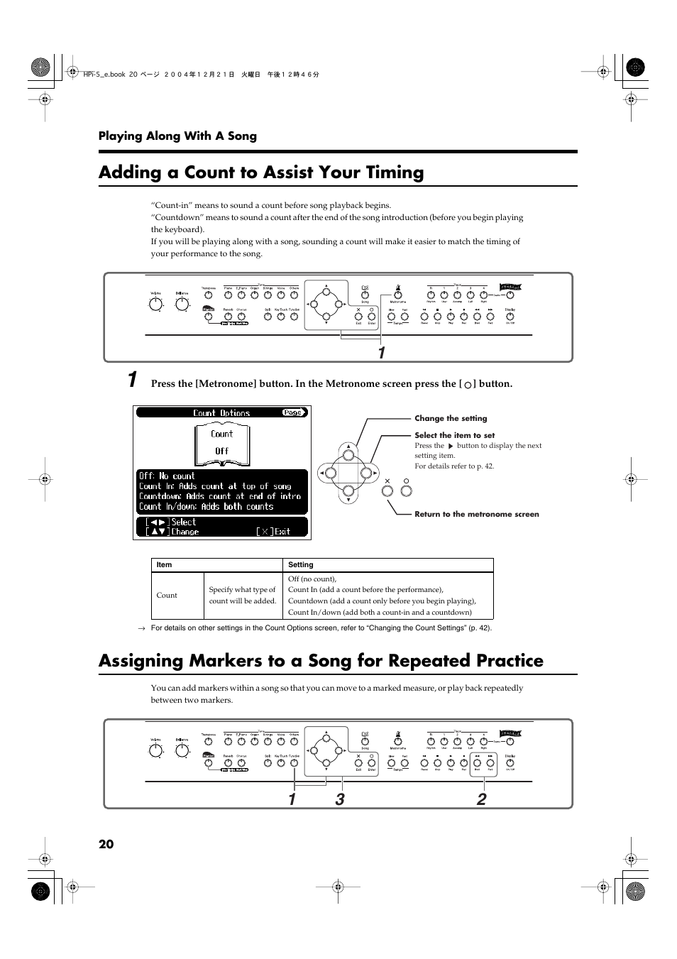 Adding a count to assist your timing, Assigning markers to a song for repeated practice, This button specifies the count. (p. 20) | Roland HPi-5 User Manual | Page 20 / 68