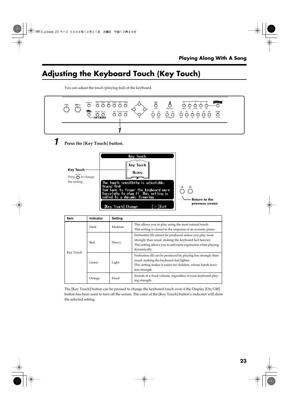 Adjusting the keyboard touch (key touch), Adjusts the touch of the keyboard. (p. 23) | Roland HPi-5 User Manual | Page 23 / 68