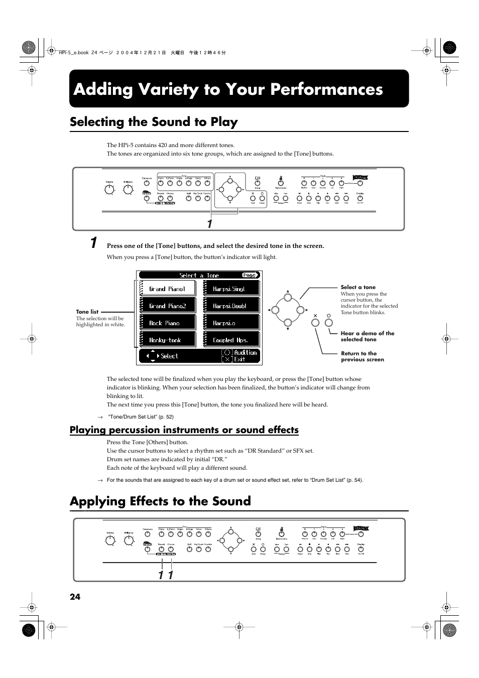 Adding variety to your performances, Selecting the sound to play, Playing percussion instruments or sound effects | Applying effects to the sound, From the keyboard. (p. 24) | Roland HPi-5 User Manual | Page 24 / 68