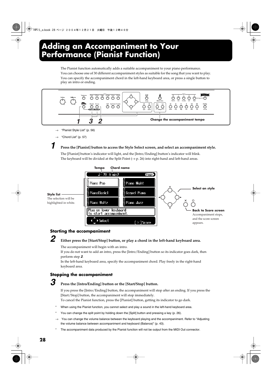 Adding an accompaniment to your performance, Pianist function), Your playing. (p. 28) | Accompaniment with an intro or ending. (p. 28), Accompaniment. (p. 28) | Roland HPi-5 User Manual | Page 28 / 68