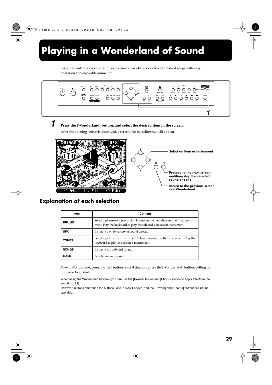 Playing in a wonderland of sound, Explanation of each selection, Learn about instruments while having fun. (p. 29) | Roland HPi-5 User Manual | Page 29 / 68