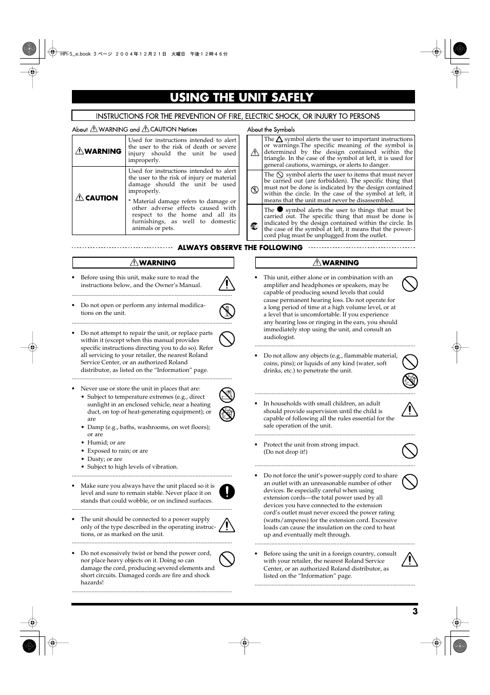 Using the unit safely | Roland HPi-5 User Manual | Page 3 / 68