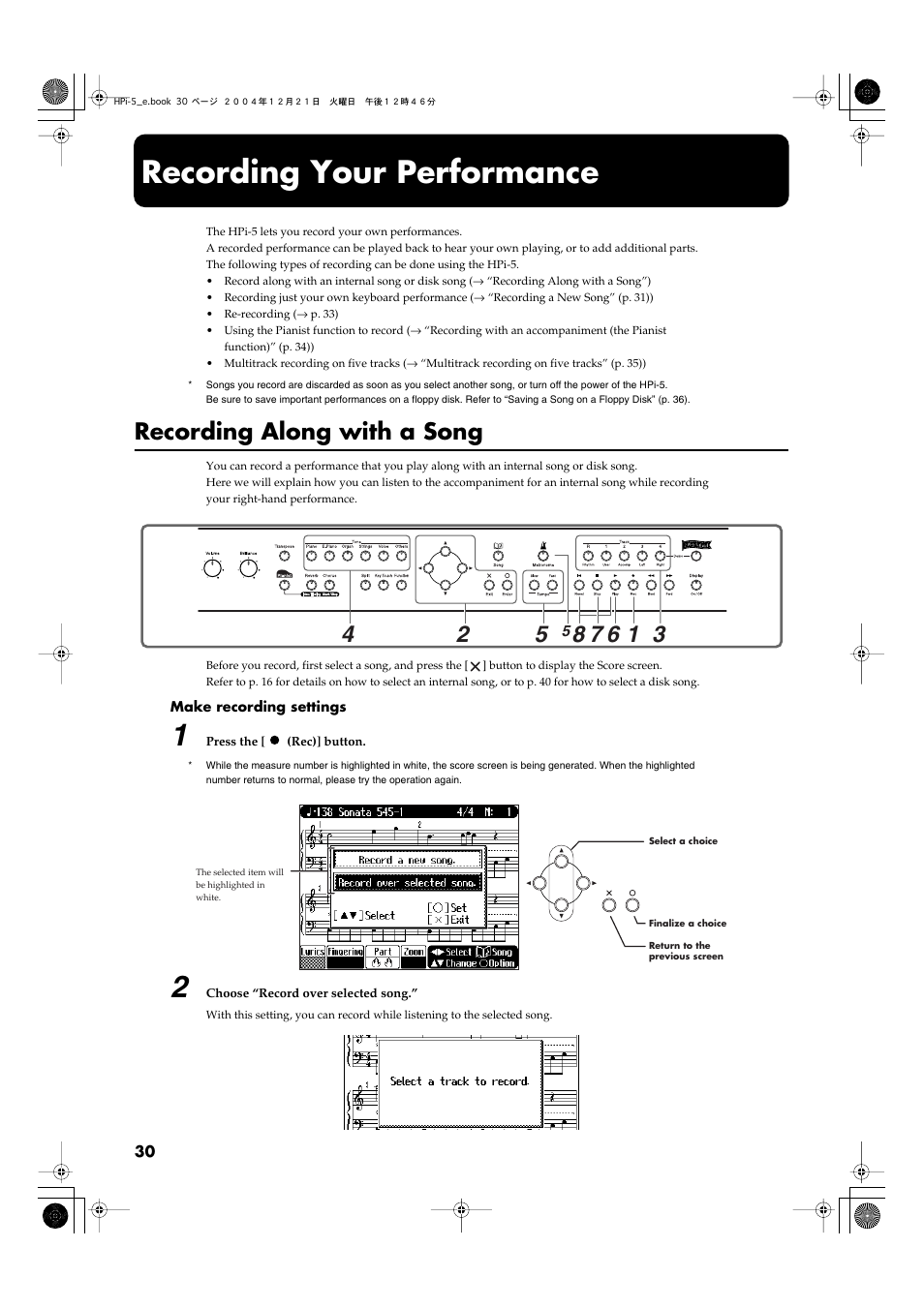 Recording your performance, Recording along with a song, Standby. (p. 30–p. 35) | Roland HPi-5 User Manual | Page 30 / 68