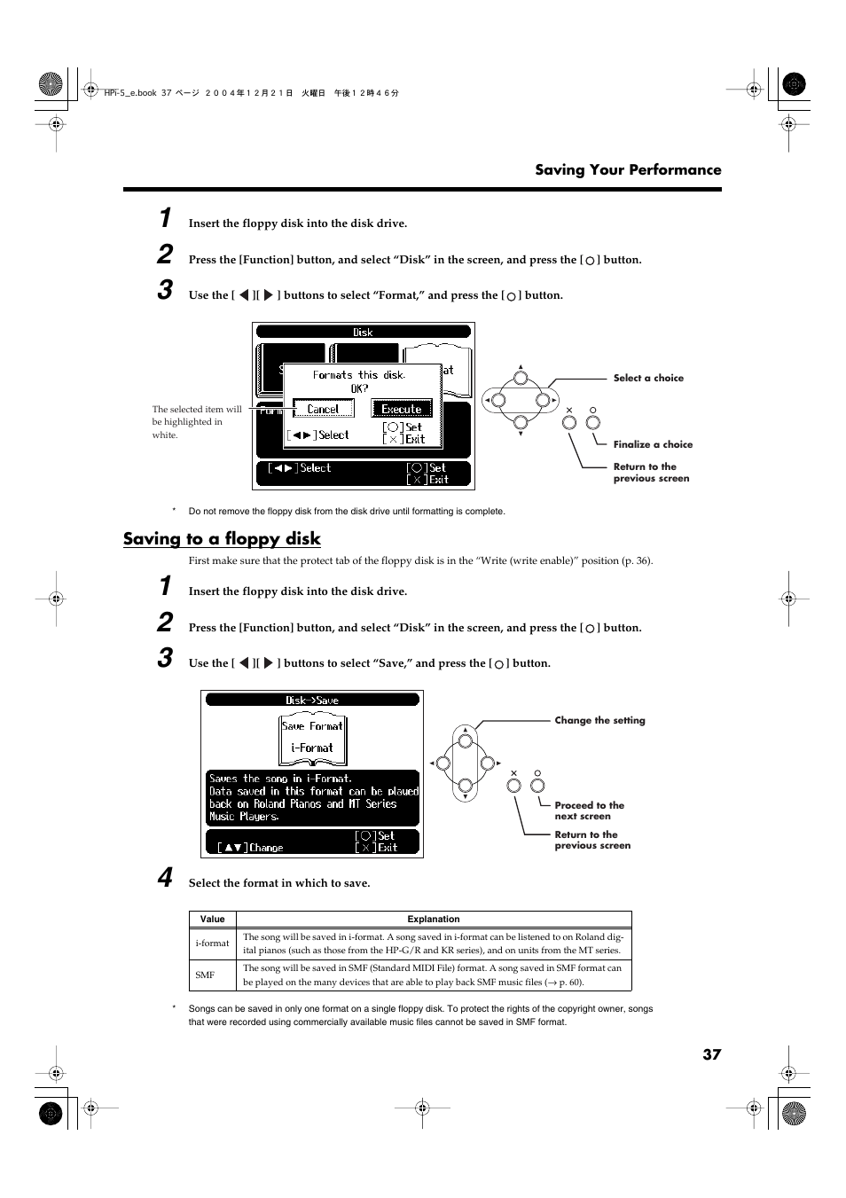 Saving to a floppy disk | Roland HPi-5 User Manual | Page 37 / 68