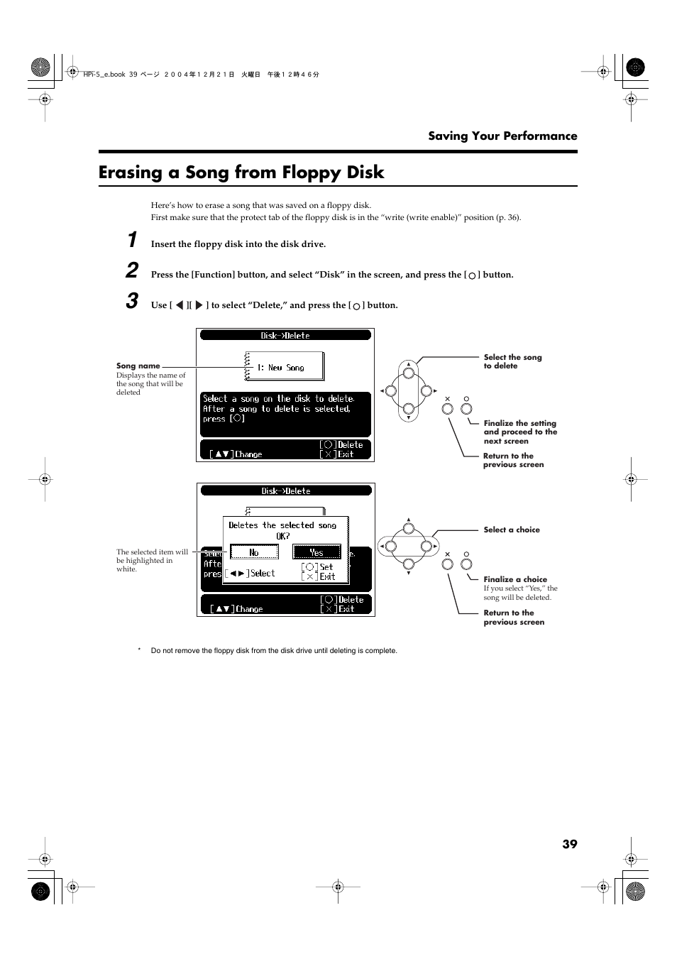 Erasing a song from floppy disk | Roland HPi-5 User Manual | Page 39 / 68