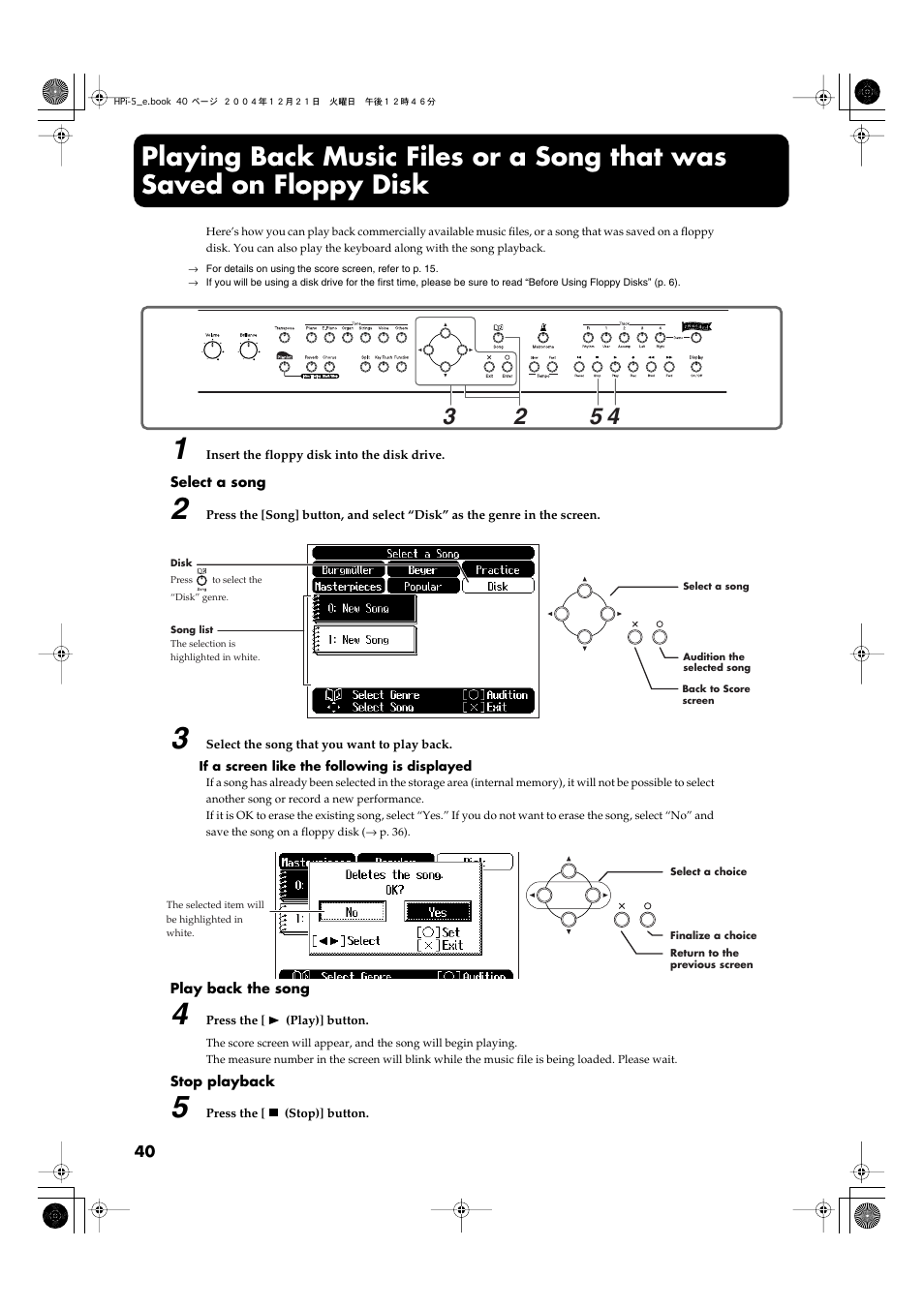 Playing back music files or a song that was saved, On floppy disk | Roland HPi-5 User Manual | Page 40 / 68