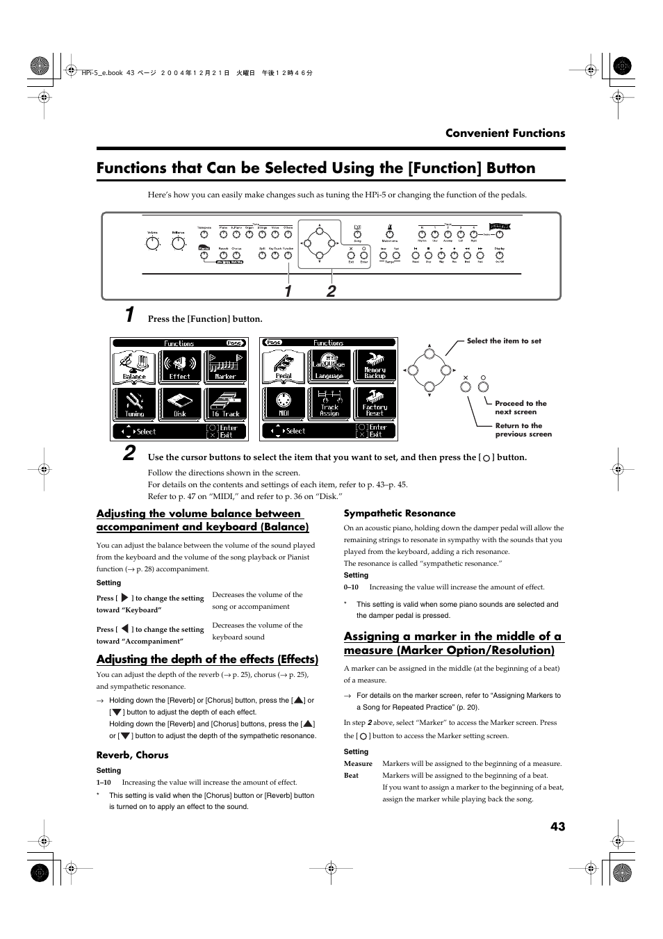 Adjusting the depth of the effects (effects), Of the effects (effects)” (p. 43), P. 36–p. 39, p. 43–p. 45) | 43 convenient functions | Roland HPi-5 User Manual | Page 43 / 68