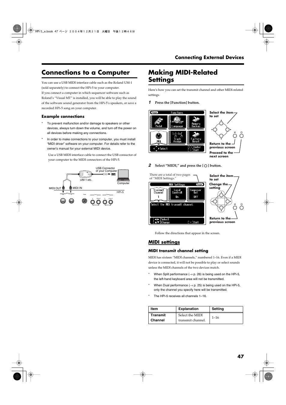 Connections to a computer, Making midi-related settings, Midi settings | 47 connecting external devices | Roland HPi-5 User Manual | Page 47 / 68