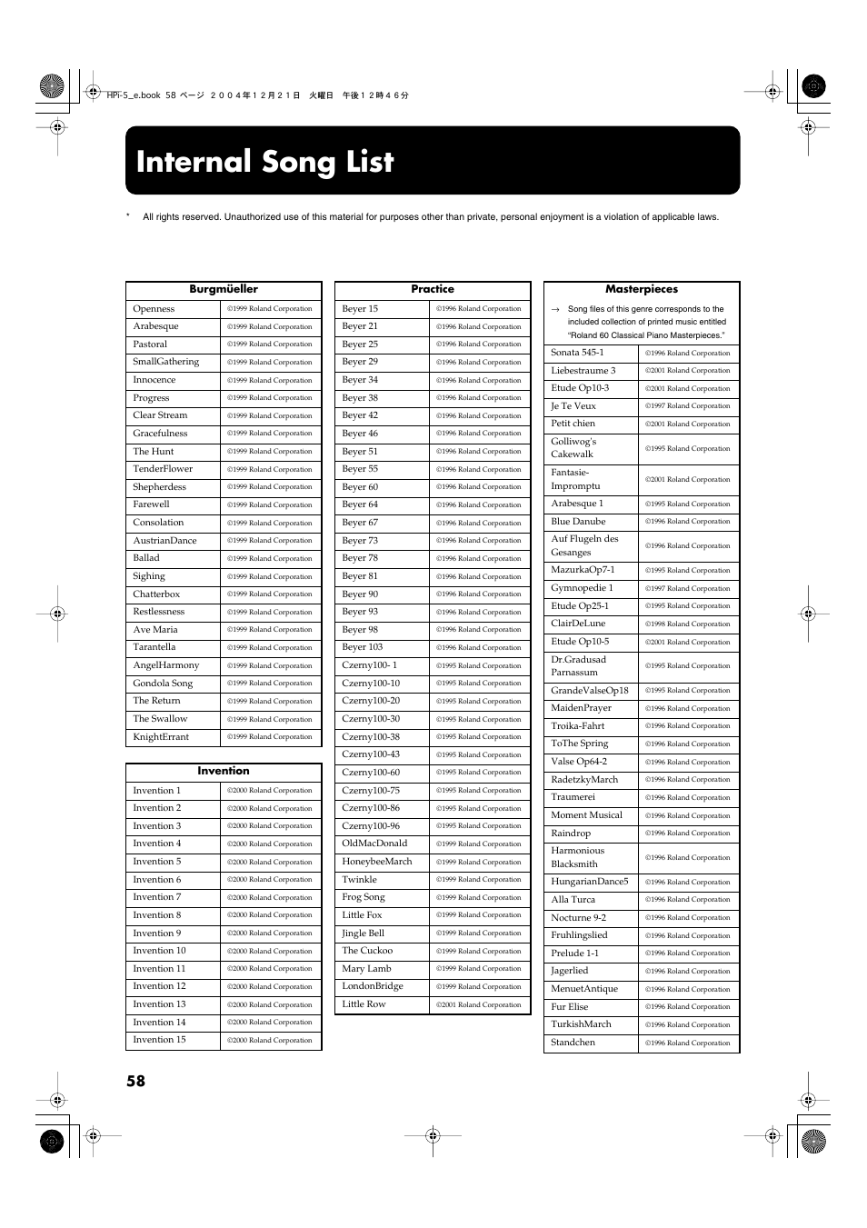 Internal song list | Roland HPi-5 User Manual | Page 58 / 68