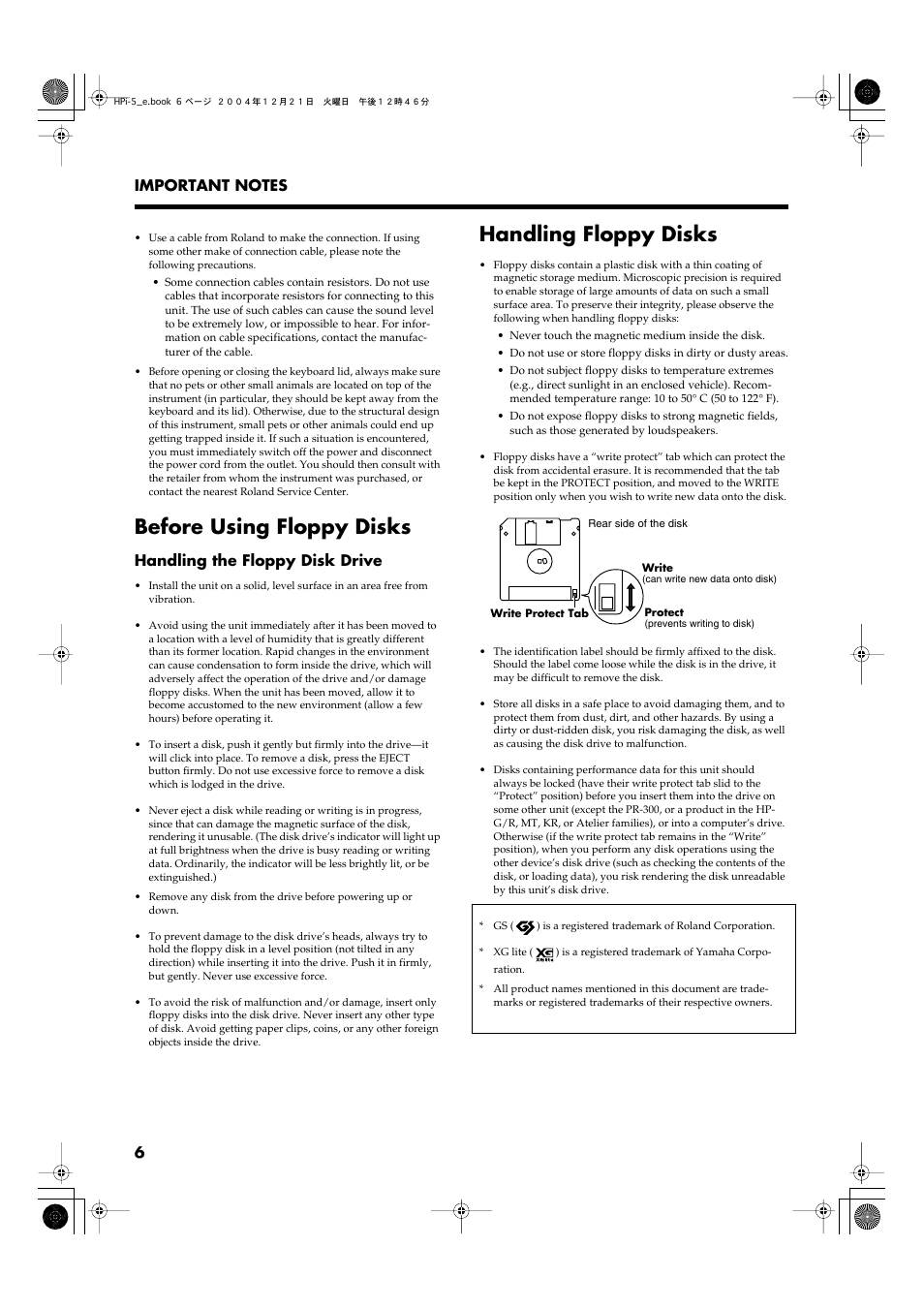 Before using floppy disks, Handling floppy disks, Handling the floppy disk drive | Roland HPi-5 User Manual | Page 6 / 68