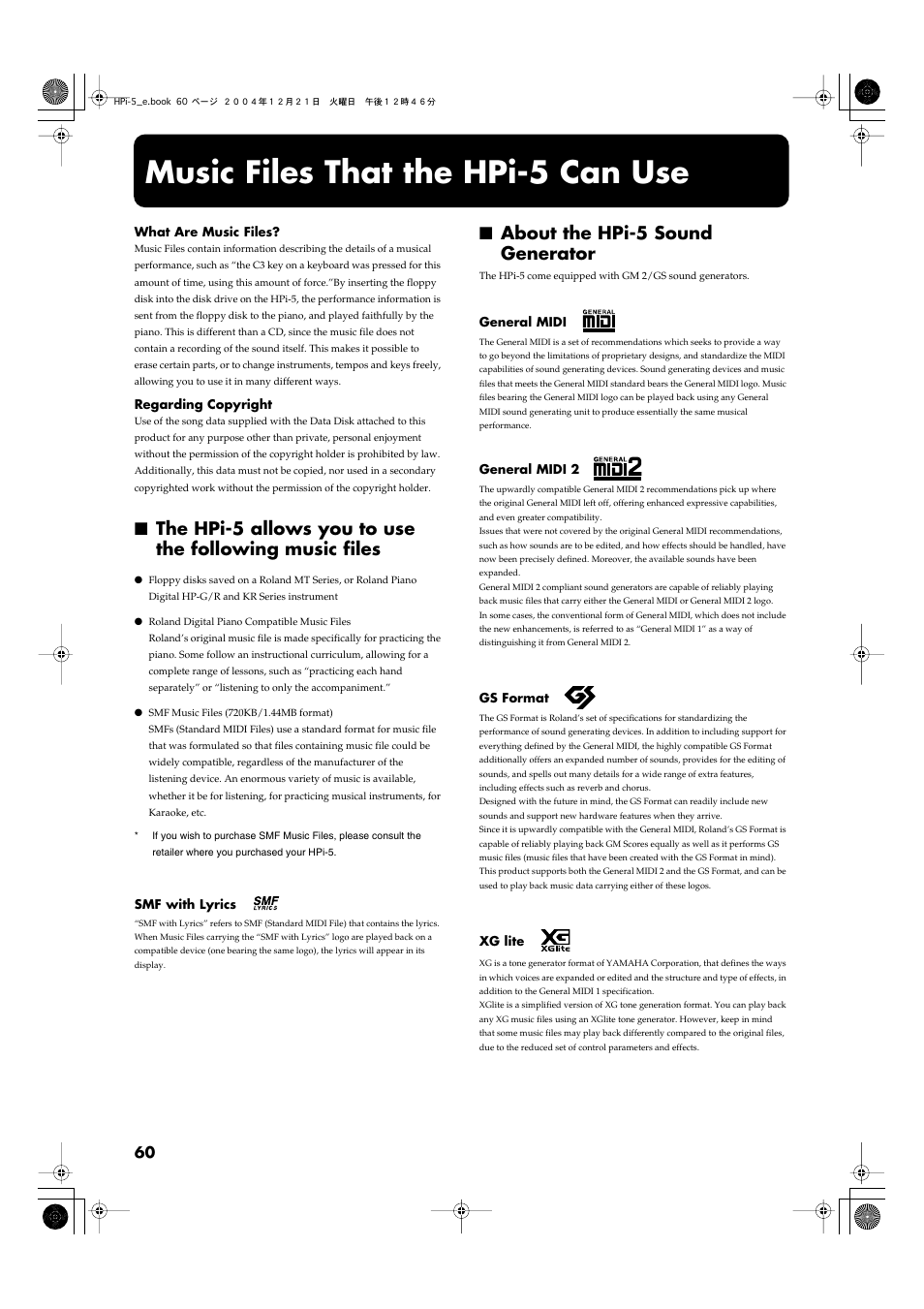 Music files that the hpi-5 can use, About the hpi-5 sound generator, Anos (p. 60) | Roland HPi-5 User Manual | Page 60 / 68