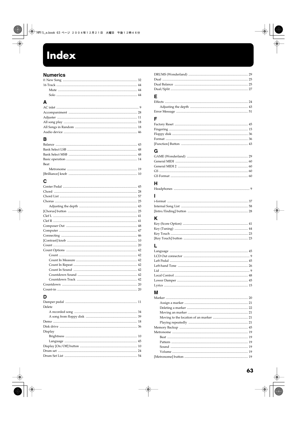 Index | Roland HPi-5 User Manual | Page 63 / 68