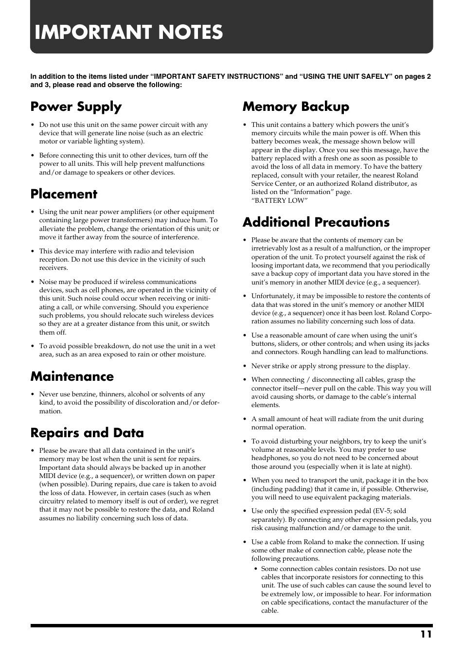 Important notes, Power supply, Placement | Maintenance, Repairs and data, Additional precautions | Roland VG-88 User Manual | Page 11 / 84