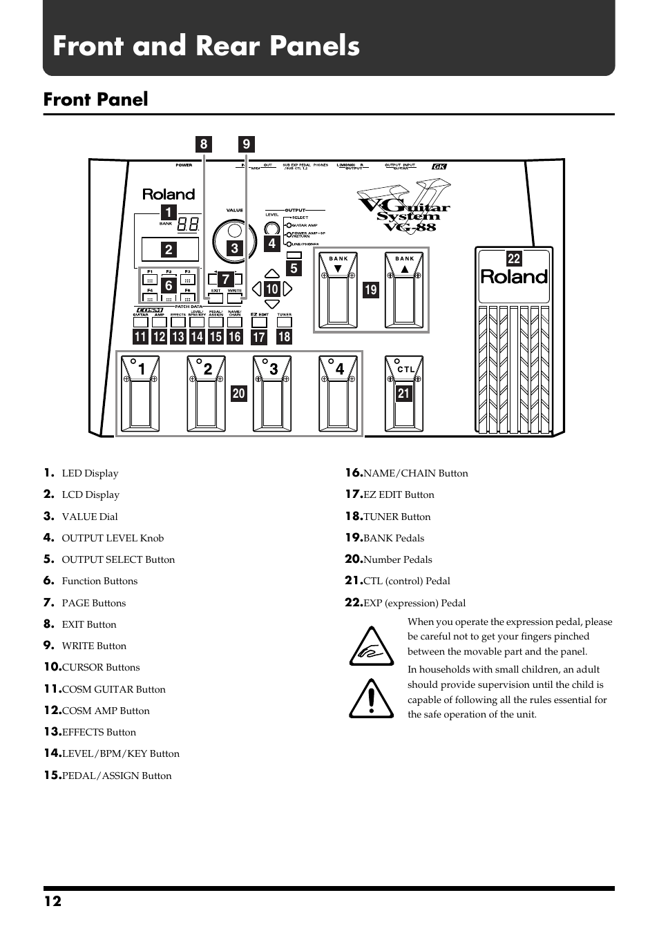 Front and rear panels, Front panel | Roland VG-88 User Manual | Page 12 / 84