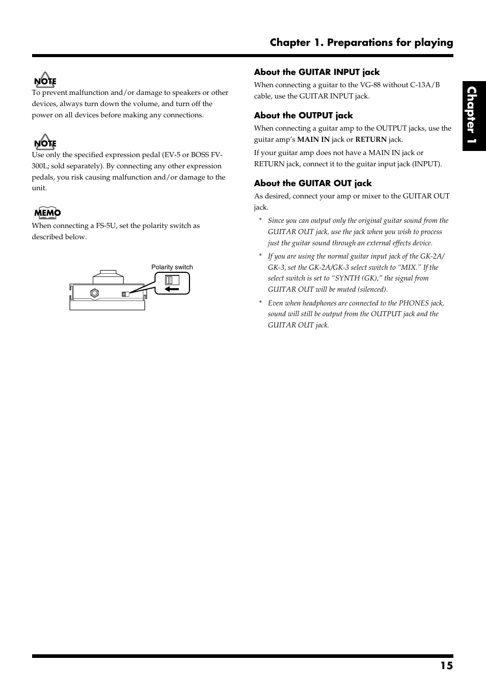 Chapter 1, 15 chapter 1. preparations for playing | Roland VG-88 User Manual | Page 15 / 84