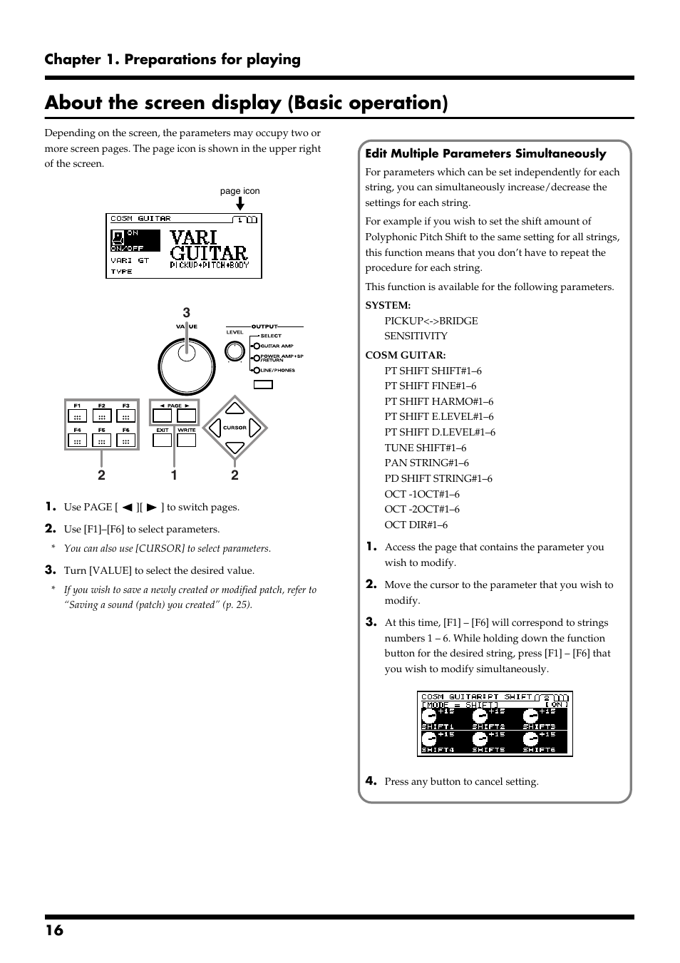 About the screen display (basic operation), 16 chapter 1. preparations for playing | Roland VG-88 User Manual | Page 16 / 84