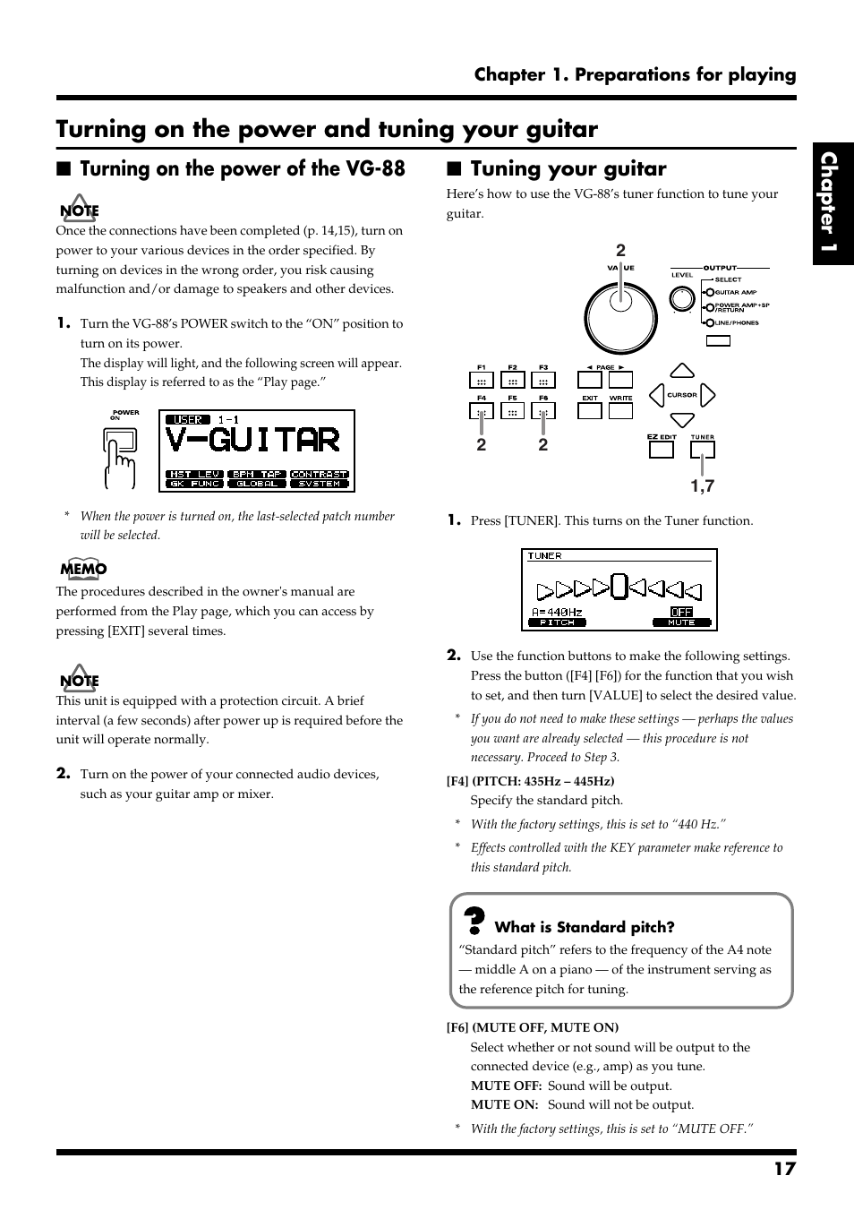 Turning on the power and tuning your guitar, Turning on the power of the vg-88, Tuning your guitar | Chapter 1, 17 chapter 1. preparations for playing | Roland VG-88 User Manual | Page 17 / 84