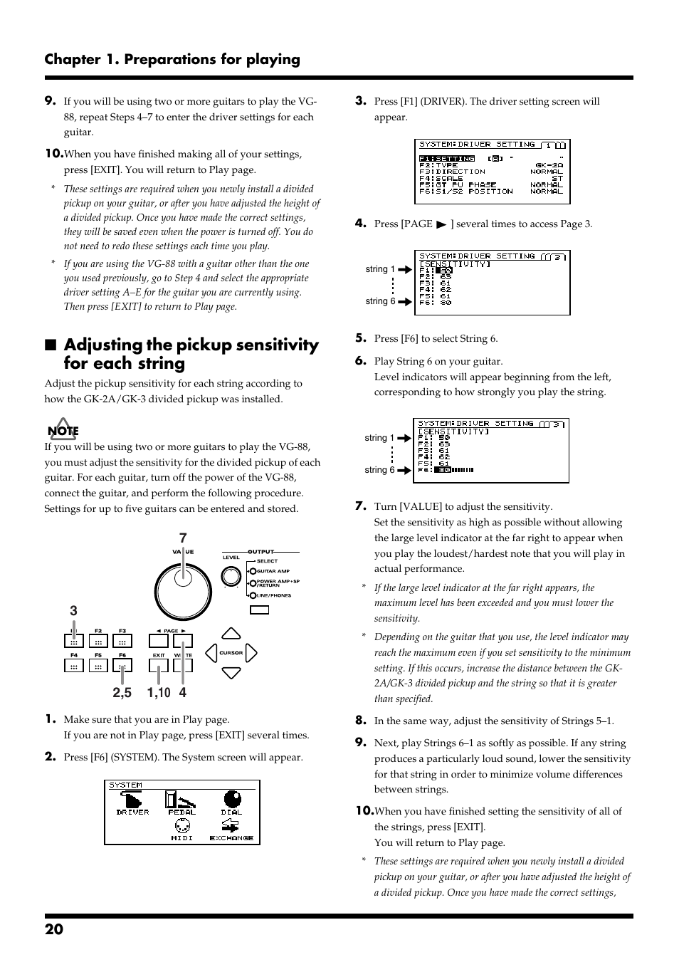 Adjusting the pickup sensitivity for each string, 20 chapter 1. preparations for playing | Roland VG-88 User Manual | Page 20 / 84