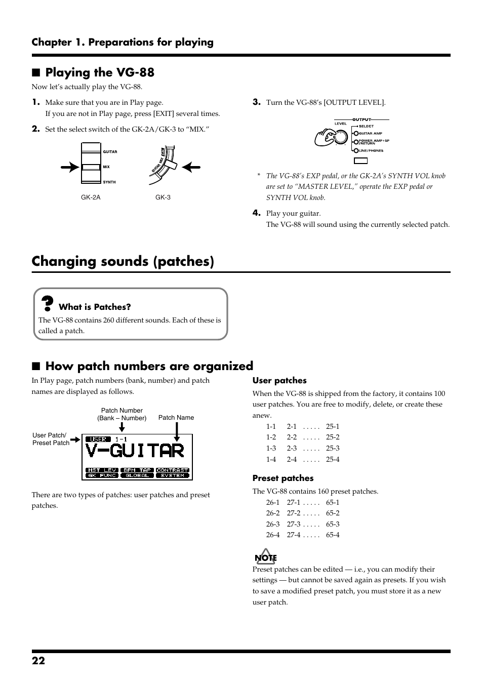 Playing the vg-88, Changing sounds (patches), How patch numbers are organized | 22 chapter 1. preparations for playing | Roland VG-88 User Manual | Page 22 / 84