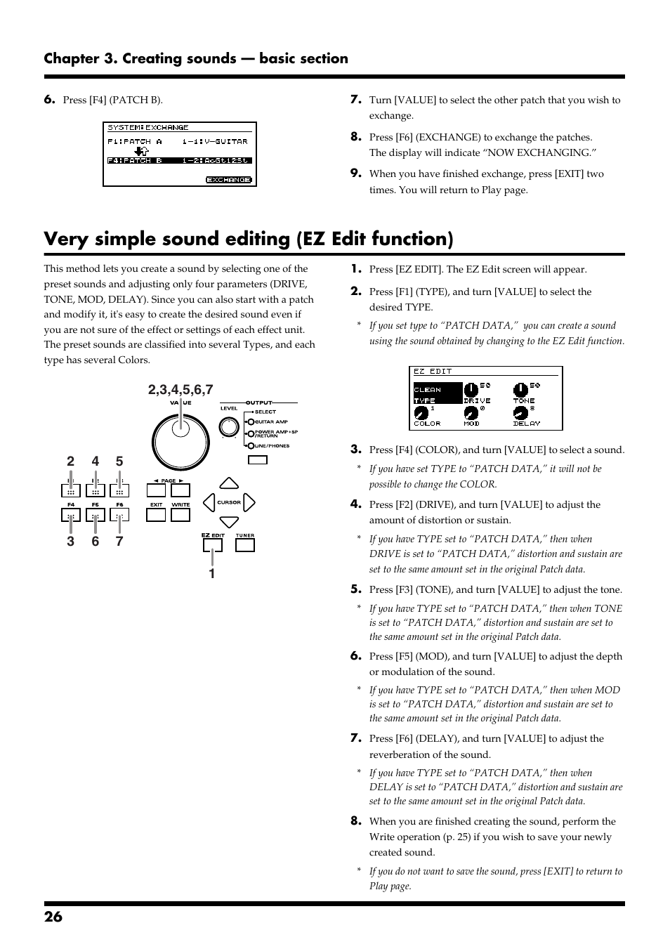 Very simple sound editing (ez edit function) | Roland VG-88 User Manual | Page 26 / 84