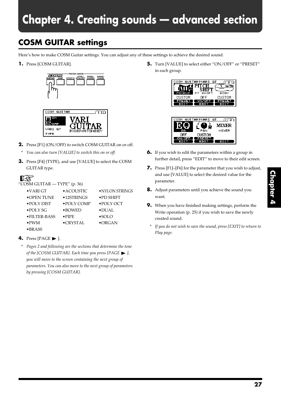 Chapter 4. creating sounds — advanced section, Cosm guitar settings, Chapter 4 | Roland VG-88 User Manual | Page 27 / 84