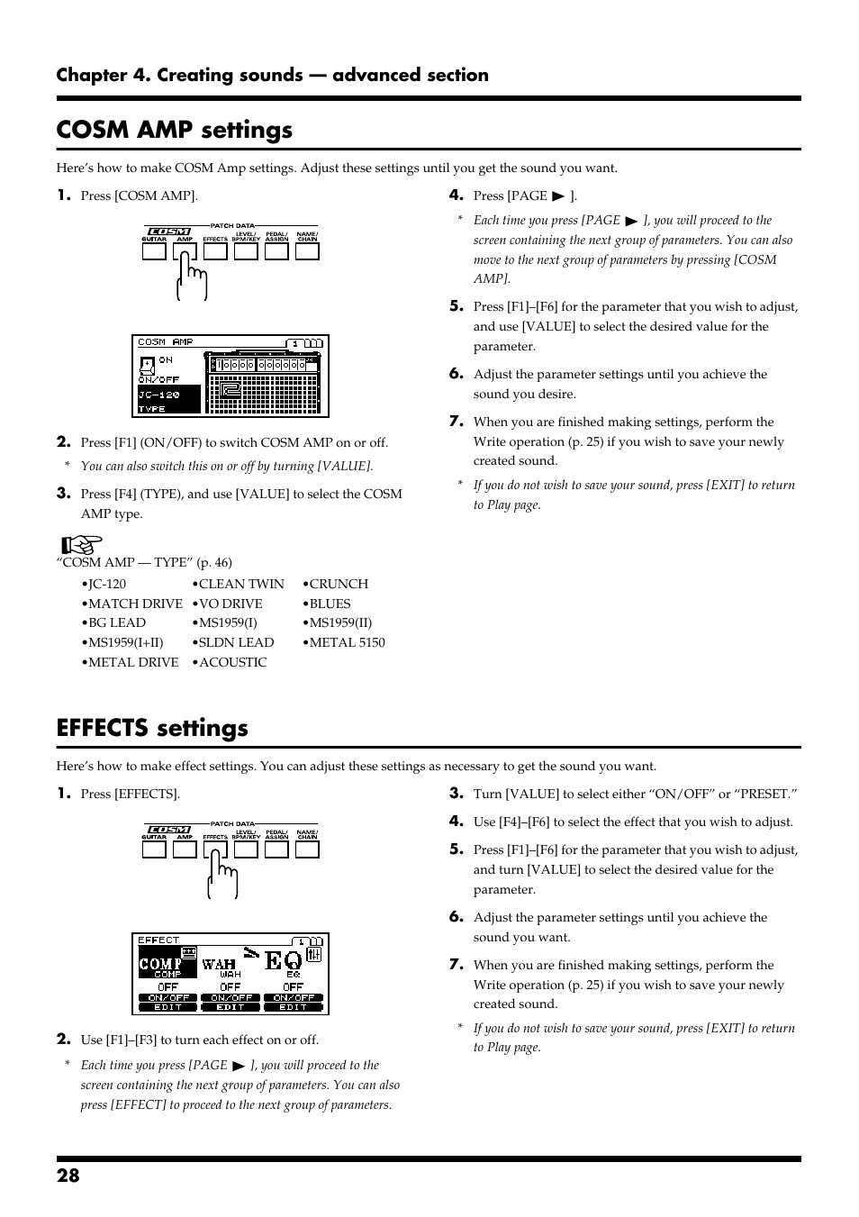 Cosm amp settings, Effects settings, Cosm amp settings effects settings | Roland VG-88 User Manual | Page 28 / 84