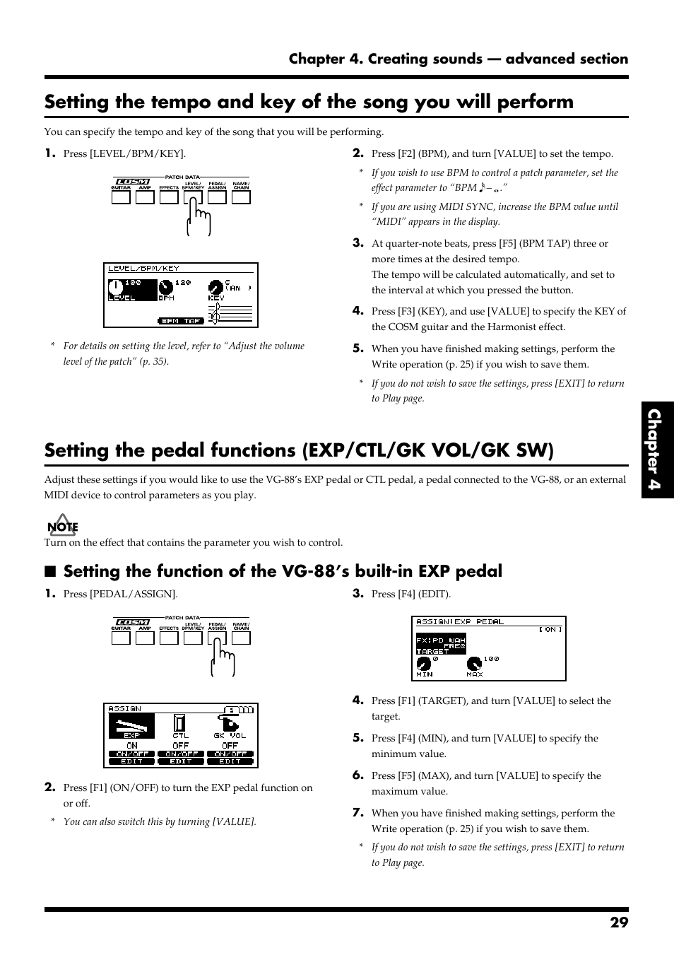 Setting the pedal functions (exp/ctl/gk vol/gk sw), Chapter 4 | Roland VG-88 User Manual | Page 29 / 84