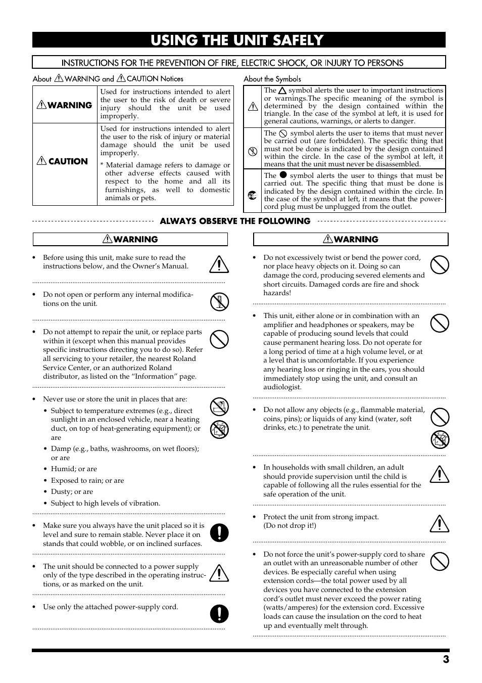 Using the unit safely | Roland VG-88 User Manual | Page 3 / 84