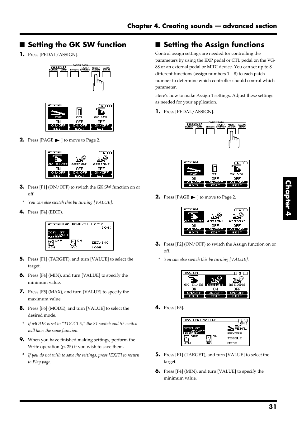 Setting the gk sw function, Setting the assign functions, Chapter 4 ■ setting the gk sw function | Roland VG-88 User Manual | Page 31 / 84