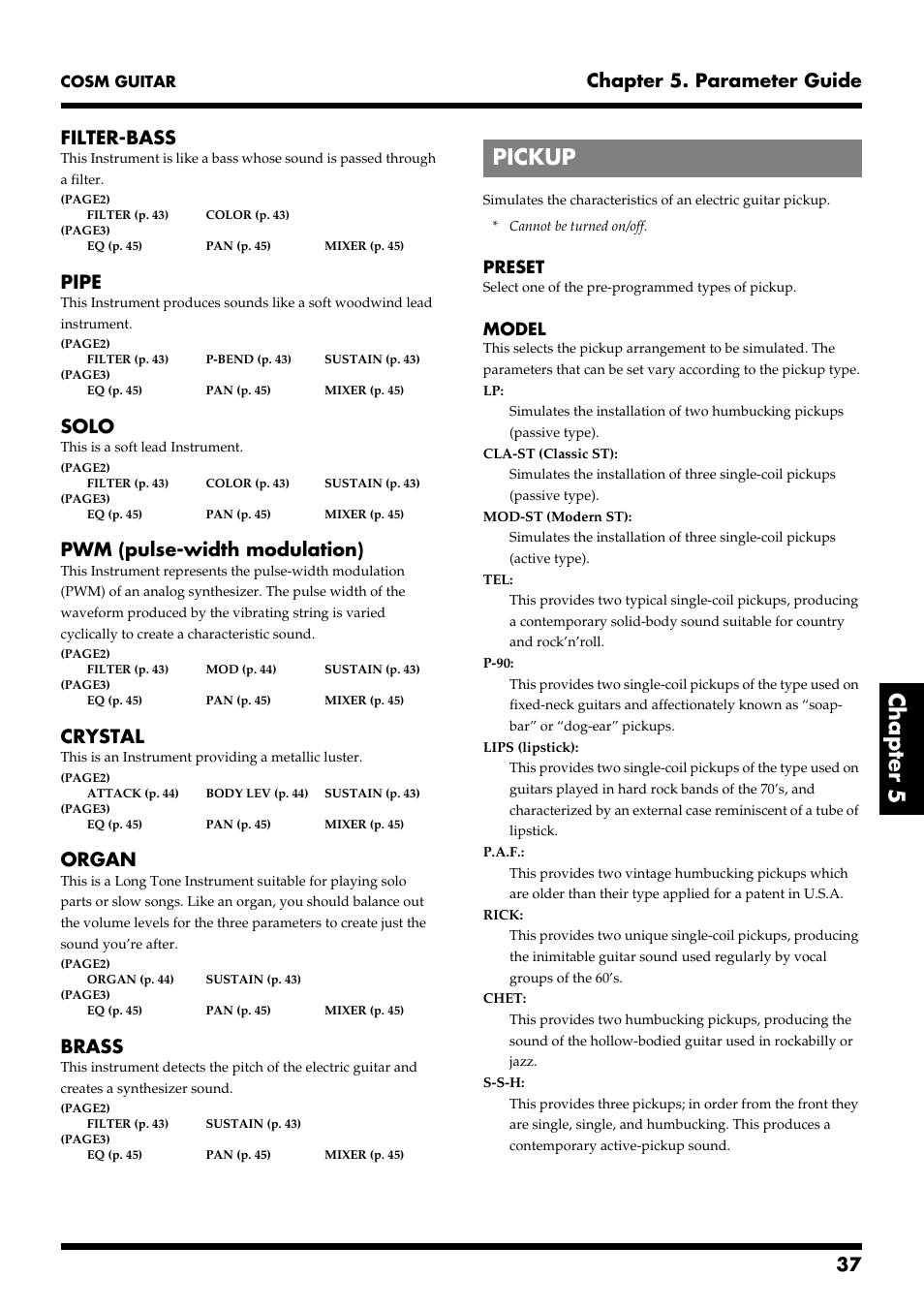 Pickup, Pick up (p. 37), Chapter 5 | Chapter 5. parameter guide, Filter-bass, Pipe, Solo, Pwm (pulse-width modulation), Crystal, Organ | Roland VG-88 User Manual | Page 37 / 84