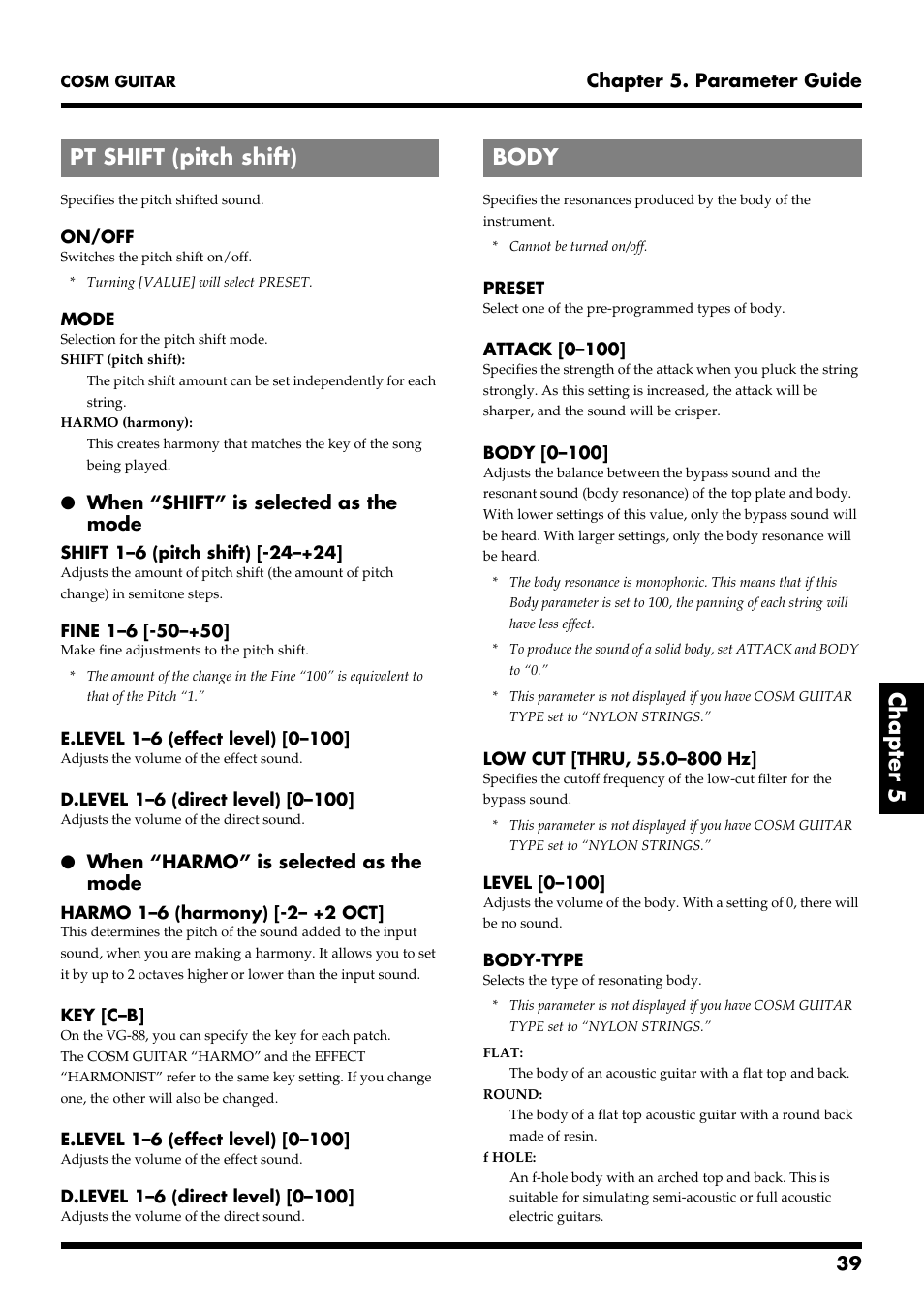 Pt shift (pitch shift), Body, P. 39) body (p. 39) | Body (p. 39), Chapter 5, Pt shift (pitch shift) body | Roland VG-88 User Manual | Page 39 / 84