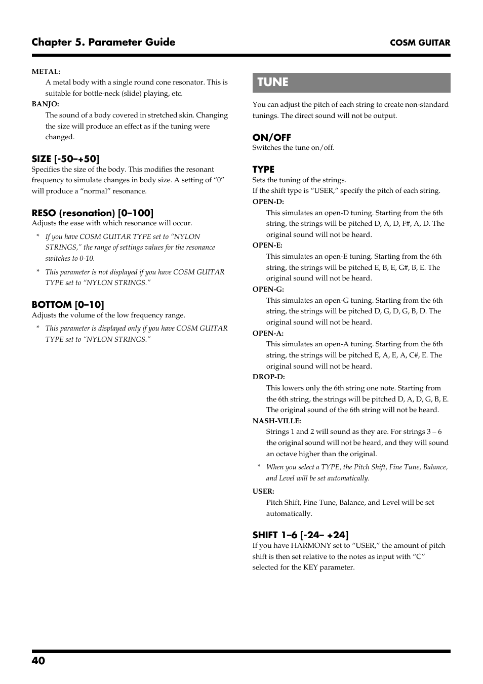 Tune, Tune (p. 40), 40 chapter 5. parameter guide | Roland VG-88 User Manual | Page 40 / 84