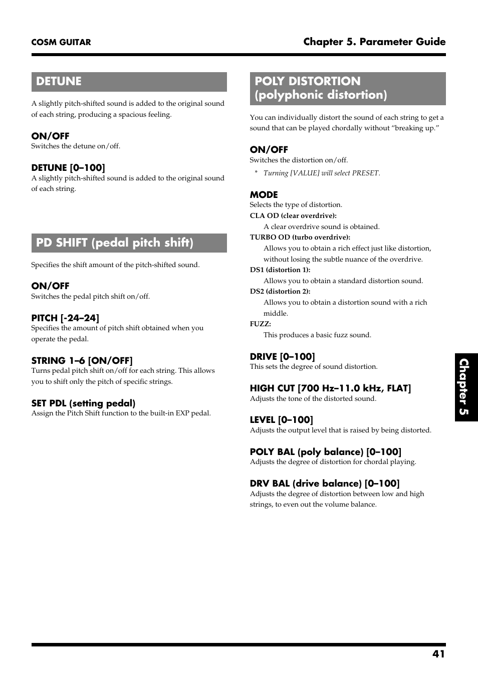 Detune, Pd shift (pedal pitch shift), Poly distortion (polyphonic distortion) | Detune (p. 41), Pd shift (p. 41), Poly distortion (p. 41), Chapter 5 | Roland VG-88 User Manual | Page 41 / 84