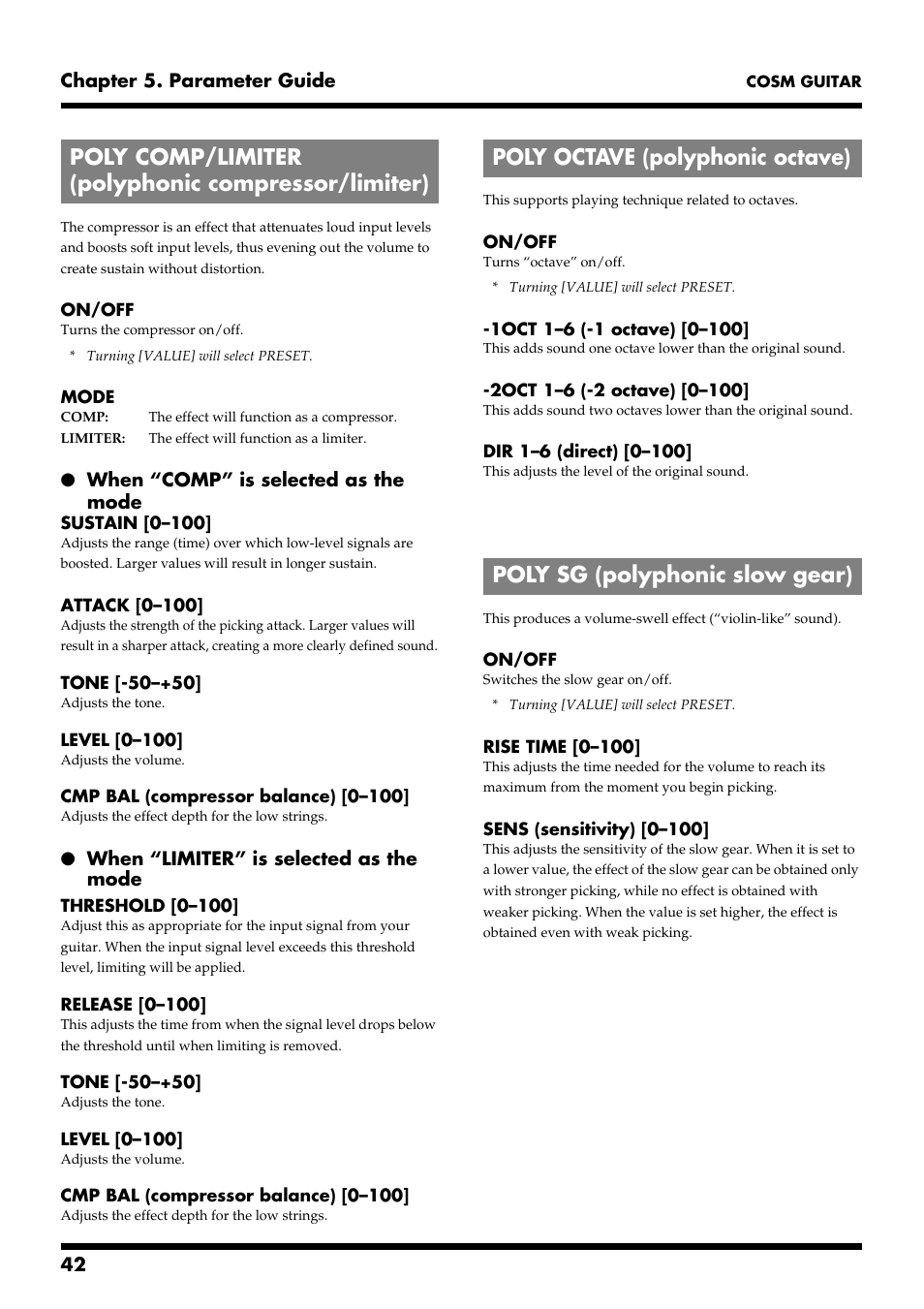 Poly comp/limiter (polyphonic compressor/limiter), Poly octave (polyphonic octave), Poly sg (polyphonic slow gear) | Poly compressor (p. 42), Poly octave (p. 42), Poly slow gear (p. 42) | Roland VG-88 User Manual | Page 42 / 84