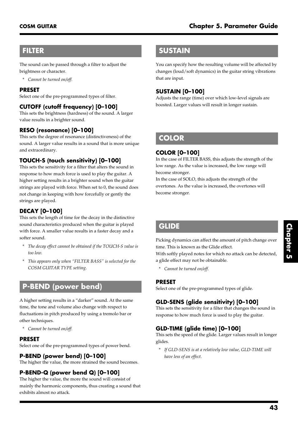 Filter, P-bend (power bend), Sustain | Color, Glide, Filter (p. 43), P-bend (p. 43), Sustain (p. 43), Glide (p. 43), Color (p. 43) | Roland VG-88 User Manual | Page 43 / 84