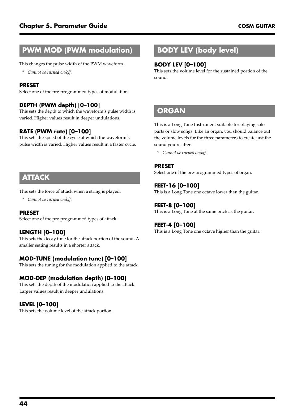 Pwm mod (pwm modulation), Attack, Body lev (body level) | Organ, Mod (p. 44), Attack (p. 44), Body lev (p. 44), Organ (p. 44) | Roland VG-88 User Manual | Page 44 / 84