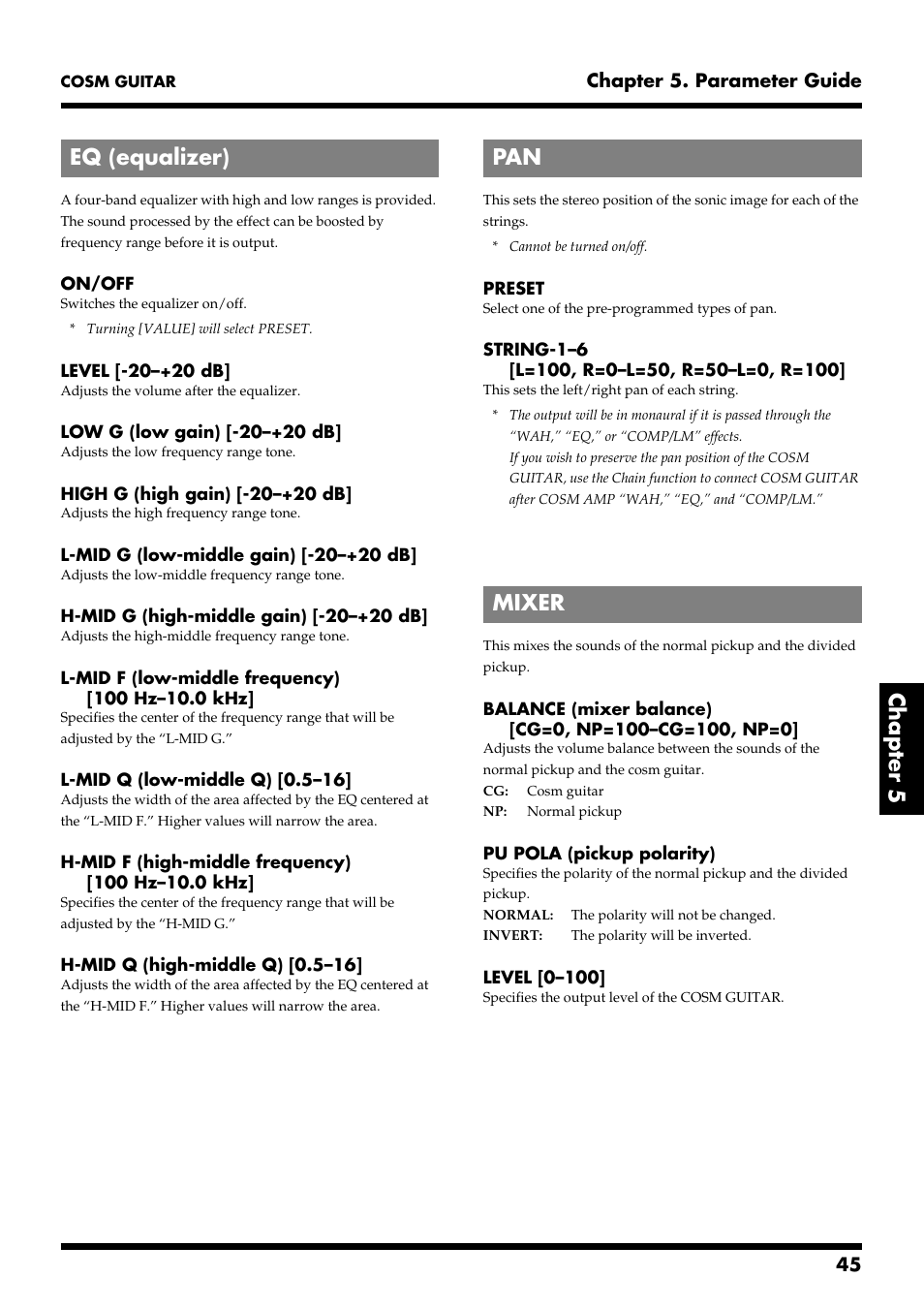 Eq (equalizer), Mixer, Eq (p. 45) | Pan (p. 45), Mixer (p. 45), Chapter 5, Eq (equalizer) pan mixer | Roland VG-88 User Manual | Page 45 / 84