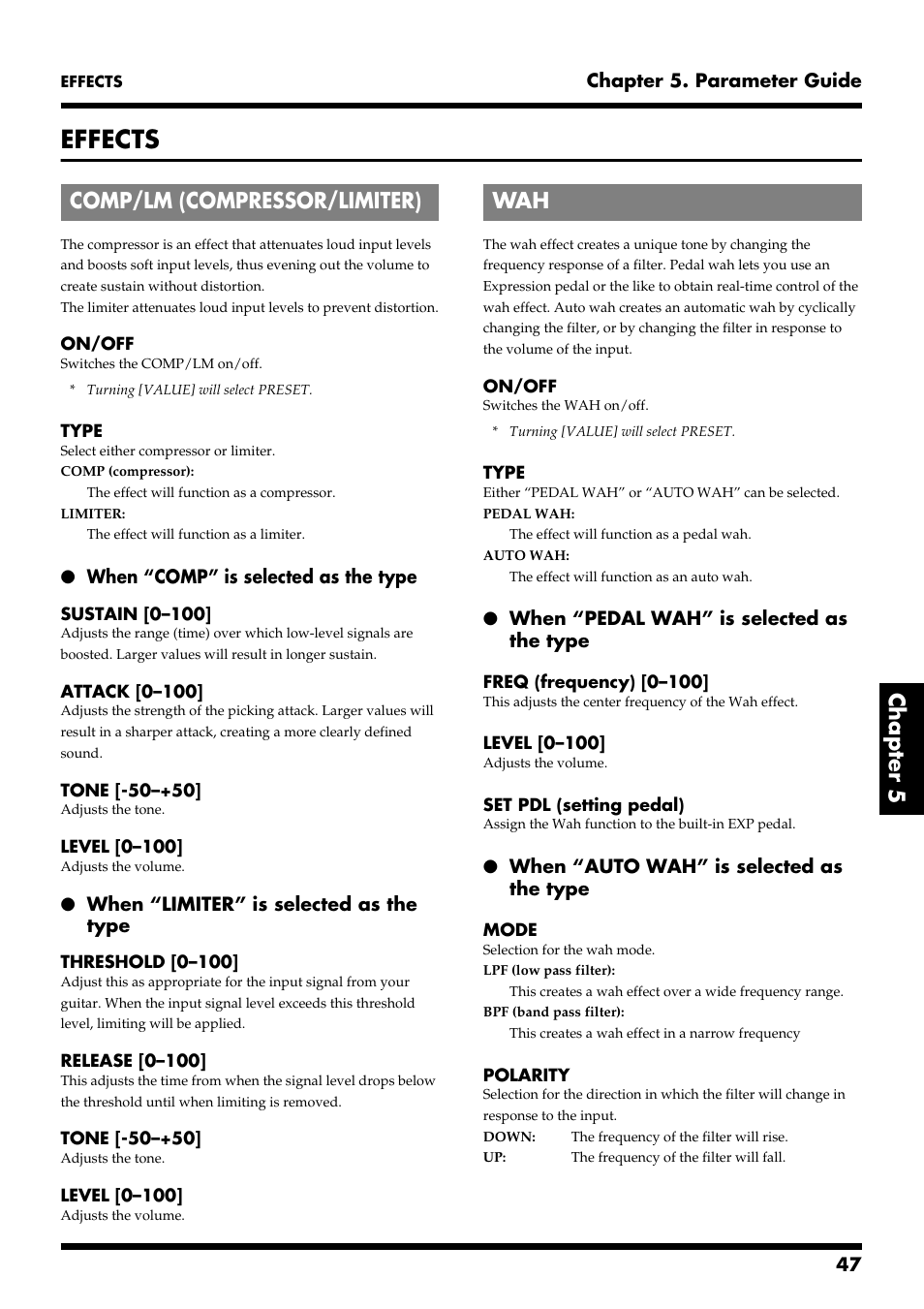 Effects, Comp/lm (compressor/limiter), Chapter 5 | Comp/lm (compressor/limiter) wah | Roland VG-88 User Manual | Page 47 / 84