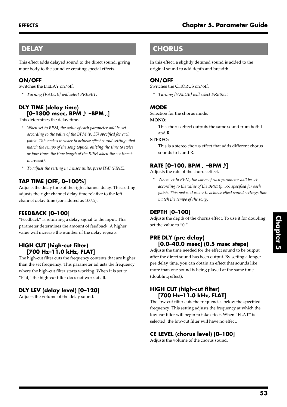 Delay, Chorus, Chapter 5 | Delay chorus | Roland VG-88 User Manual | Page 53 / 84