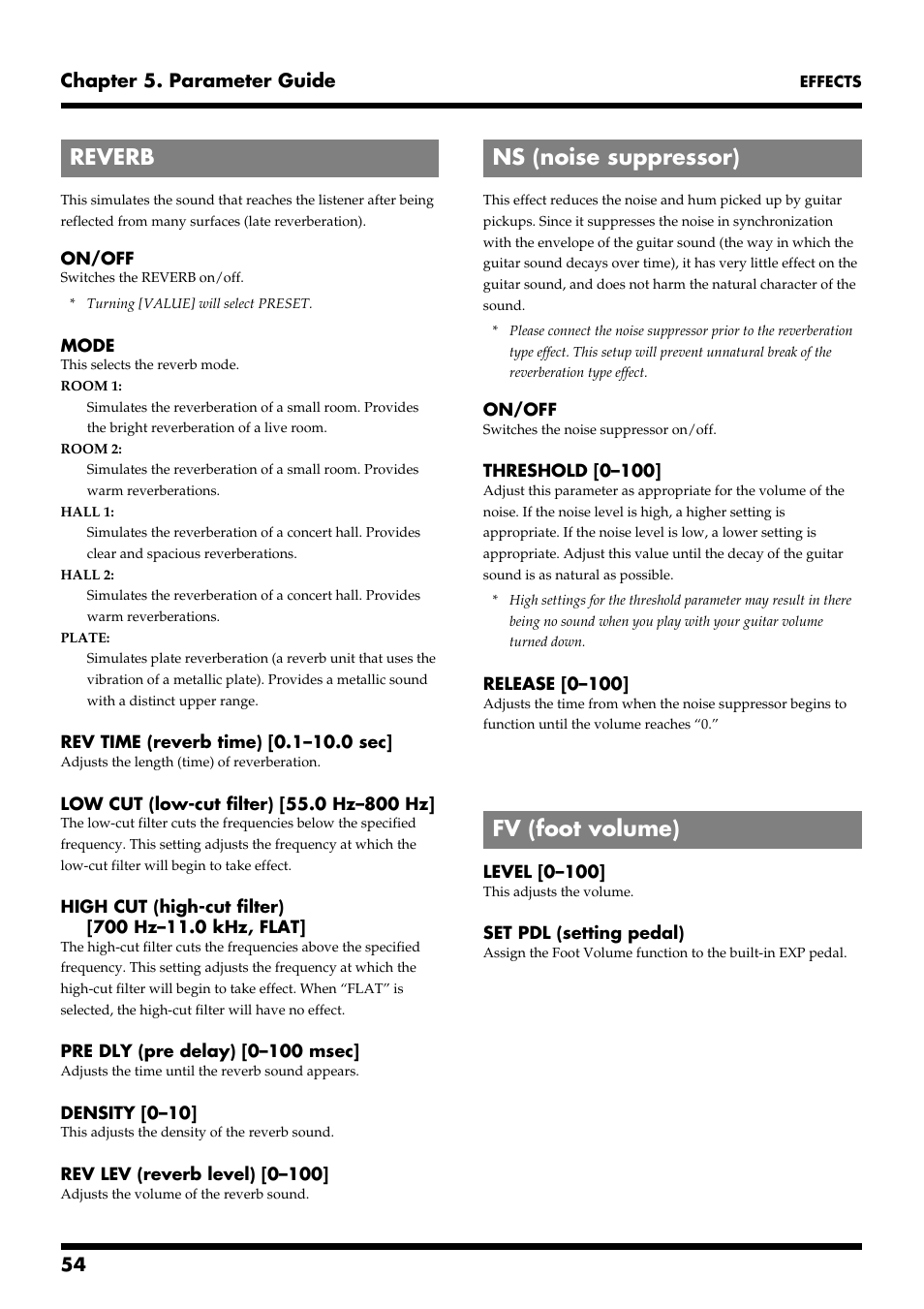 Reverb, Ns (noise suppressor), Fv (foot volume) | Reverb ns (noise suppressor) fv (foot volume) | Roland VG-88 User Manual | Page 54 / 84