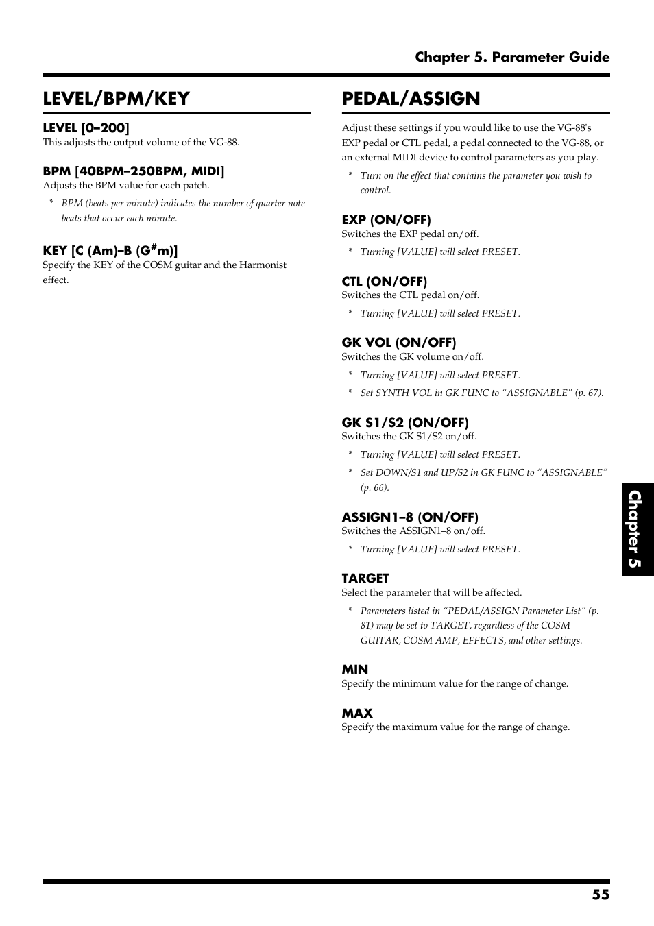 Level/bpm/key, Pedal/assign, Level/bpm/key pedal/assign | Chapter 5 | Roland VG-88 User Manual | Page 55 / 84
