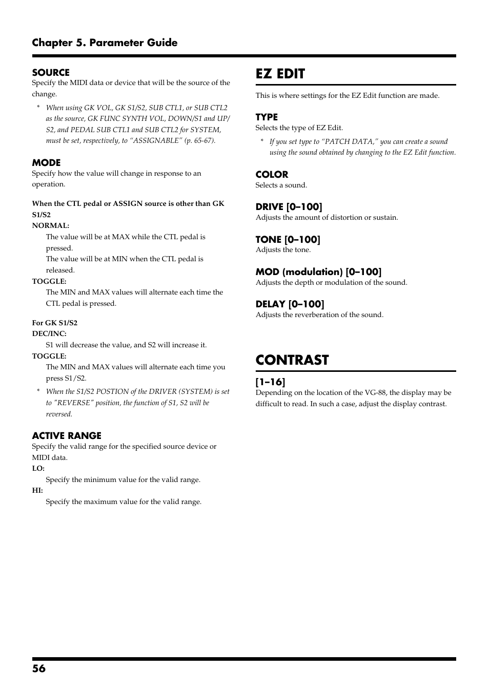 Ez edit, Contrast, Ez edit contrast | 56 chapter 5. parameter guide | Roland VG-88 User Manual | Page 56 / 84