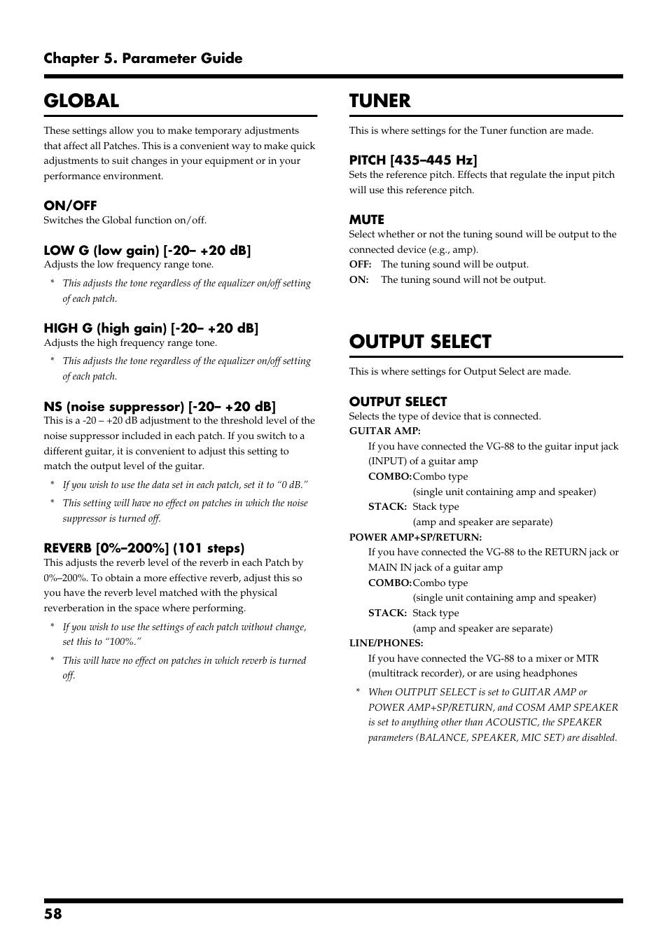 Global, Tuner, Output select | Global tuner output select, 58 chapter 5. parameter guide | Roland VG-88 User Manual | Page 58 / 84