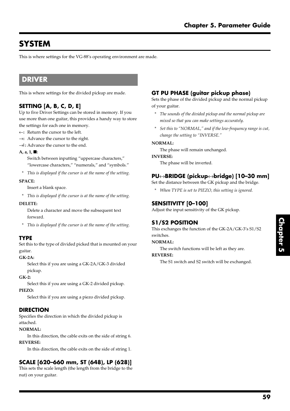 System, Driver, Chapter 5 | 59 chapter 5. parameter guide | Roland VG-88 User Manual | Page 59 / 84