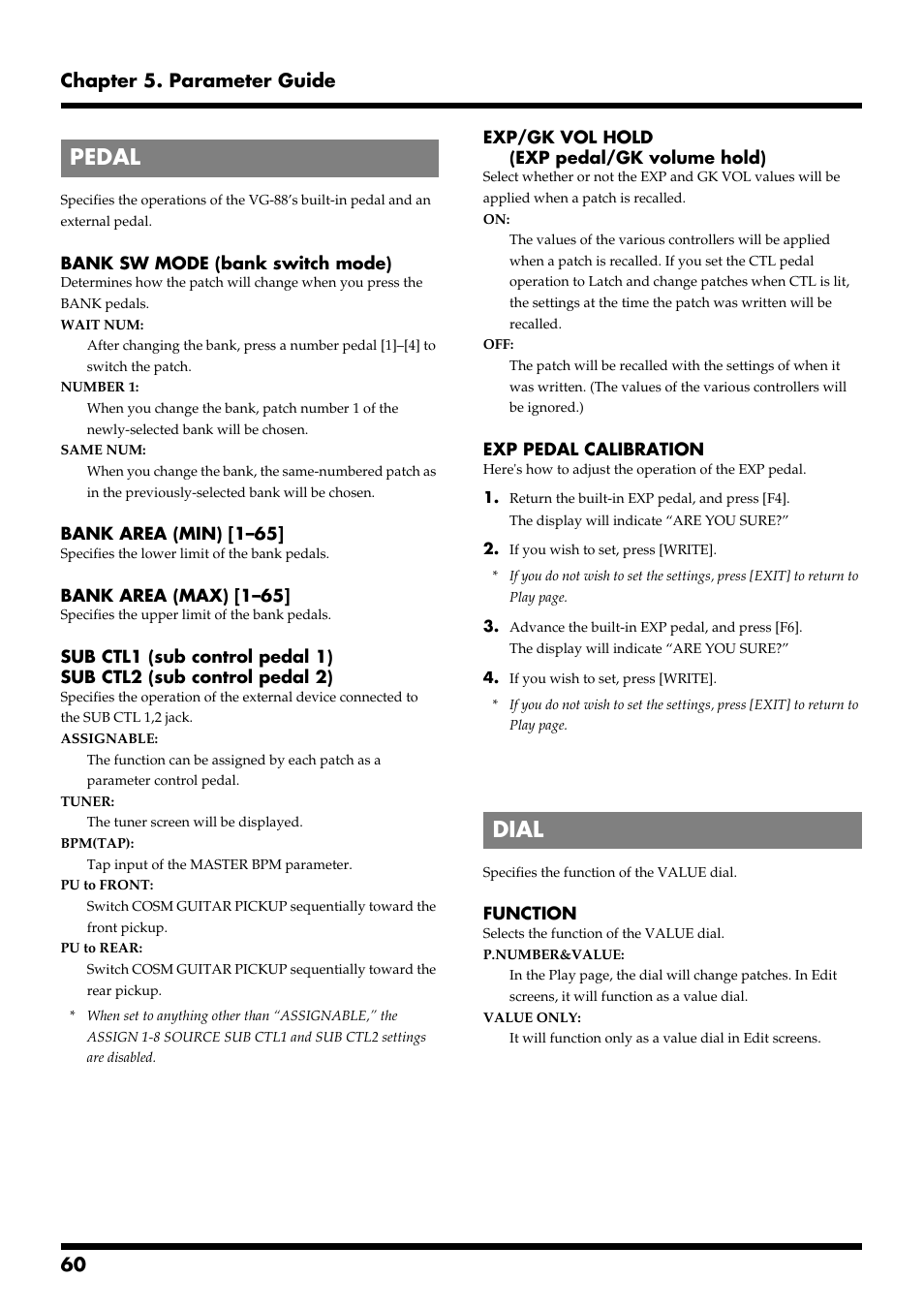 Pedal, Dial, Pedal dial | 60 chapter 5. parameter guide | Roland VG-88 User Manual | Page 60 / 84