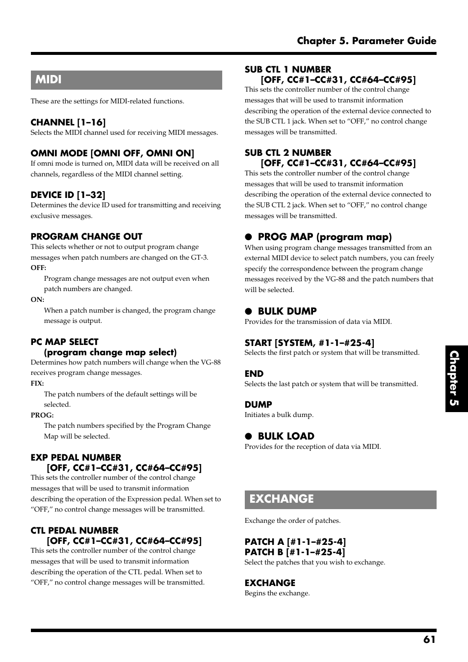 Midi, Exchange, Chapter 5 | Midi exchange | Roland VG-88 User Manual | Page 61 / 84