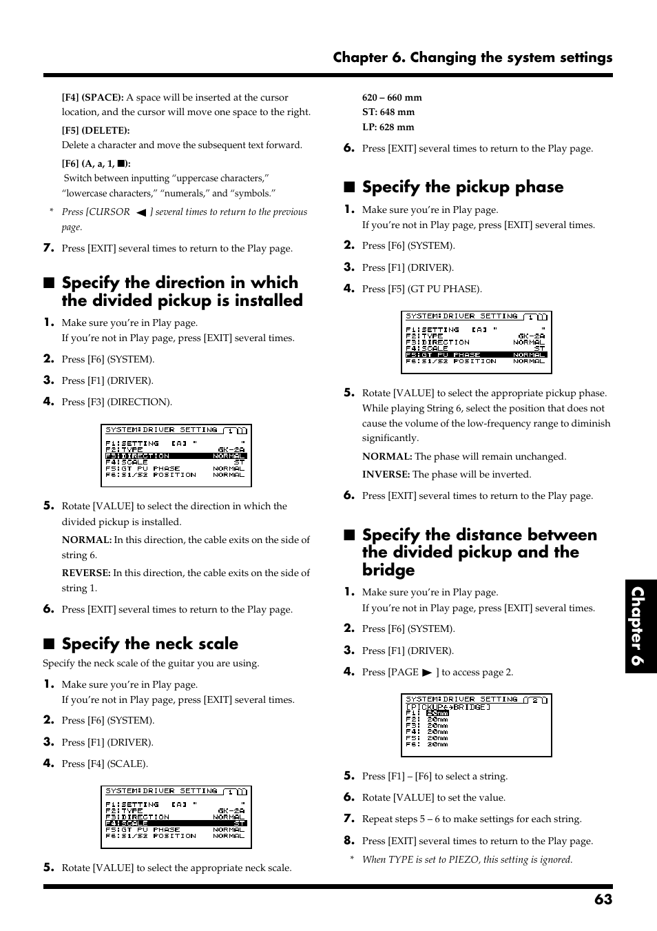 Specify the neck scale, Specify the pickup phase, Chapter 6 | 63 chapter 6. changing the system settings | Roland VG-88 User Manual | Page 63 / 84